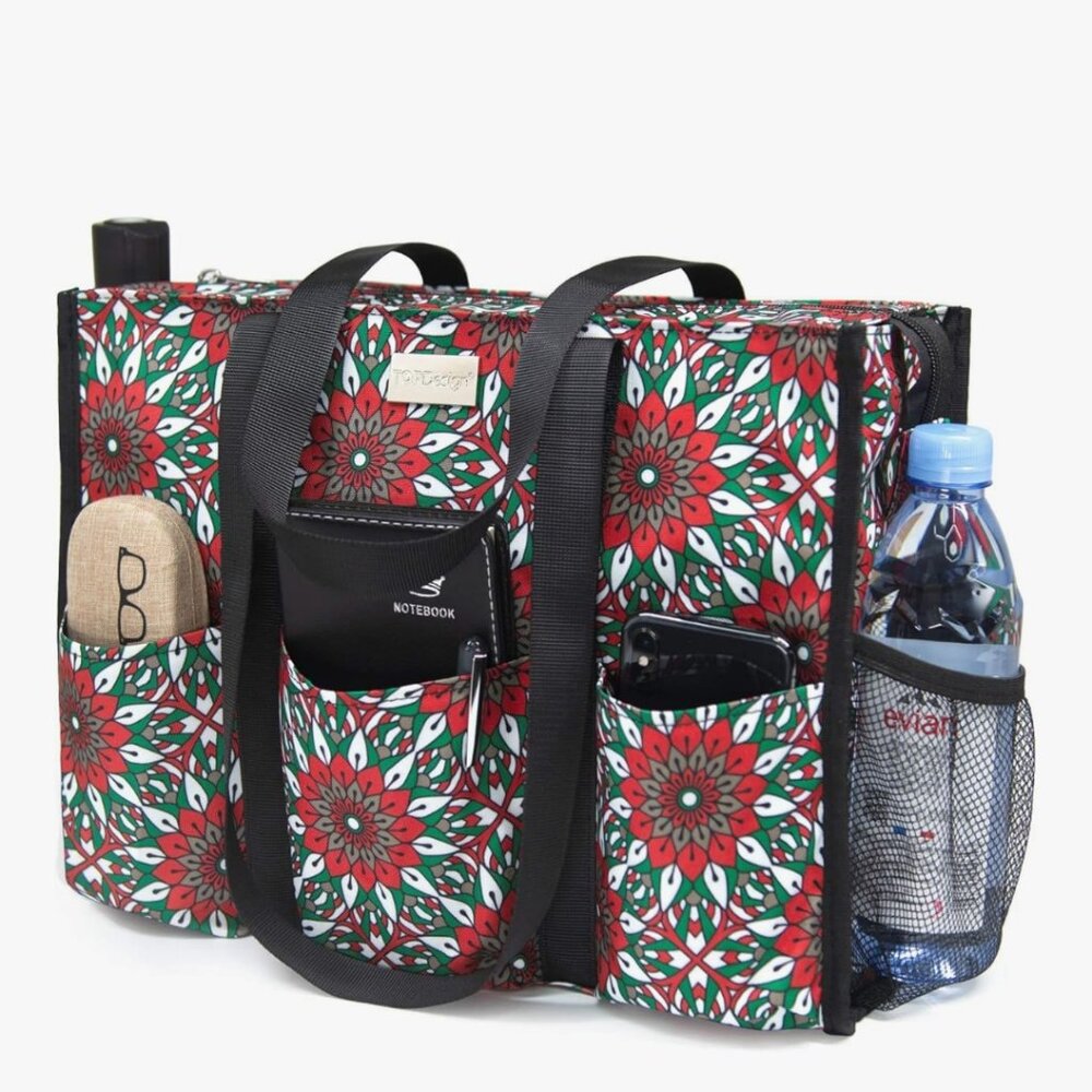 TOPDesign Utility Water Resistant Tote Bag with 13 Pockets, Top Zipper - Large
